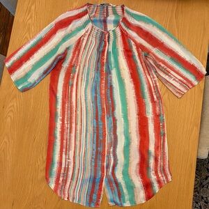 Collective Concepts Striped Button-Front Midi Dress in Red, Aqua, Blue & Cream